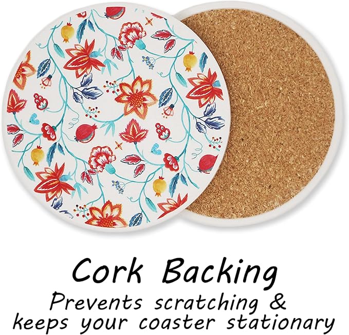 AD Set of 6 Coasters for Drinks Absorbing Round Ceramic Stone Coaster with Cork Base Tabletop Protection Mat for Mugs and Cups,Office,Kitchen (Watercolor Flowers)
