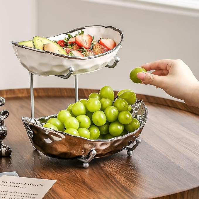 2-Tier Fruit Bowls for Kitchen Counter,Ceramic Bowl with Silver Metal Stand,2 Tier Fruit Basket for Fruit,Snack,Cake,Nuts,Dessert Space Saving Storage