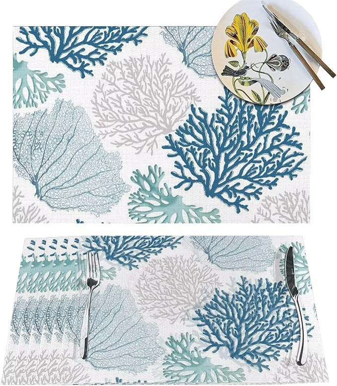Placemats Set of 6 Nautical Blue Coral Place Mats Coastal Teal Beige Coral Woven Table Mats Washable Ocean Theme PVC Placemat for Dining Kitchen Decor Indoor Outdoor, 12 x 18 Inch