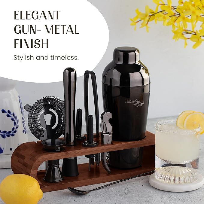 Mixology & Craft Cocktail Shaker Set with Dark Bamboo Stand - Professional 10-Piece Bartender Kit - Complete Bar Set & Cocktail Mixer Kit for Home (Gun Metal)