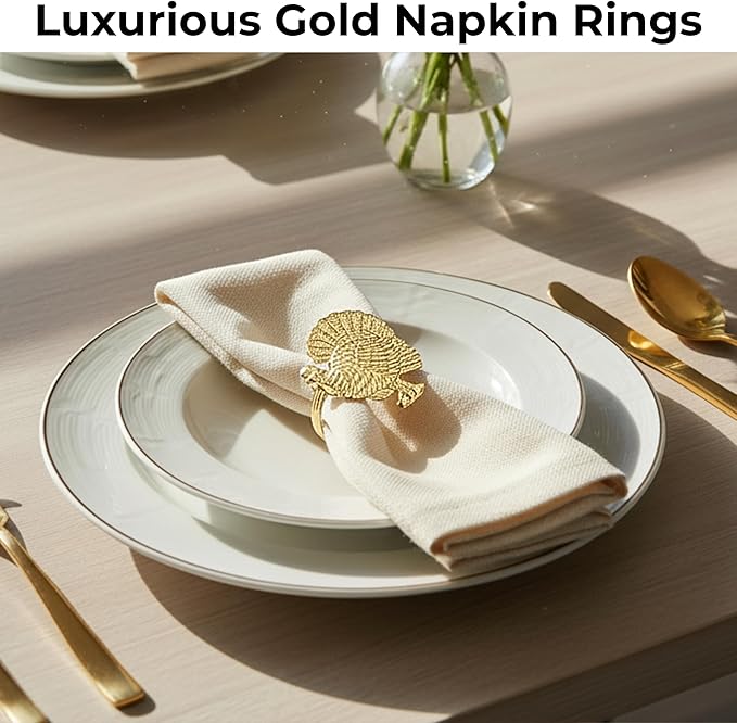 Napkin Rings Set of 12, Metal Napkin Holder Cuffs for Dinner Table Décor, Thanksgiving Turkey Bird Farmhouse Modern Serviette Rings for Christmas, Weddings, Receptions, Gold - CLEENTABLE