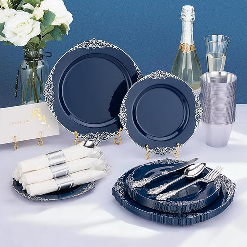 175PCS Navy Blue Plates for 25 Guests, Disposable Dinnerware Sets Include 50 Plastic Plates, 25 Silverwares, 25 Cups, and 25 Pre Rolled Napkins for Party, Wedding and Graduation