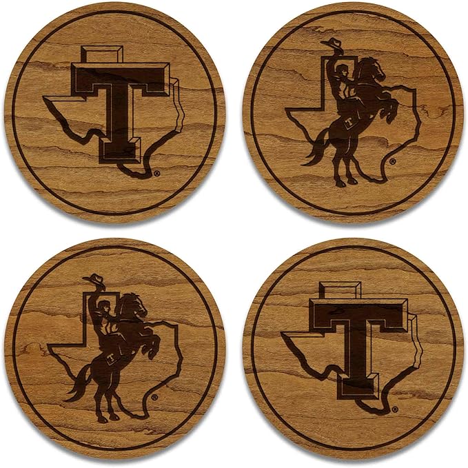 LazerEdge Tarleton State Texans Wooden Coaster Set - Cherry Wood - Officially Licensed Product - 4-Pack