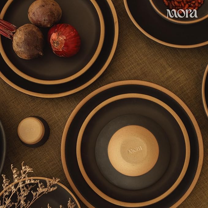 MORA Large Plates Set of 4, 10.5 inch Ceramic Pottery Dinner Plates - Microwave, Oven and Dishwasher Safe - Liquorice
