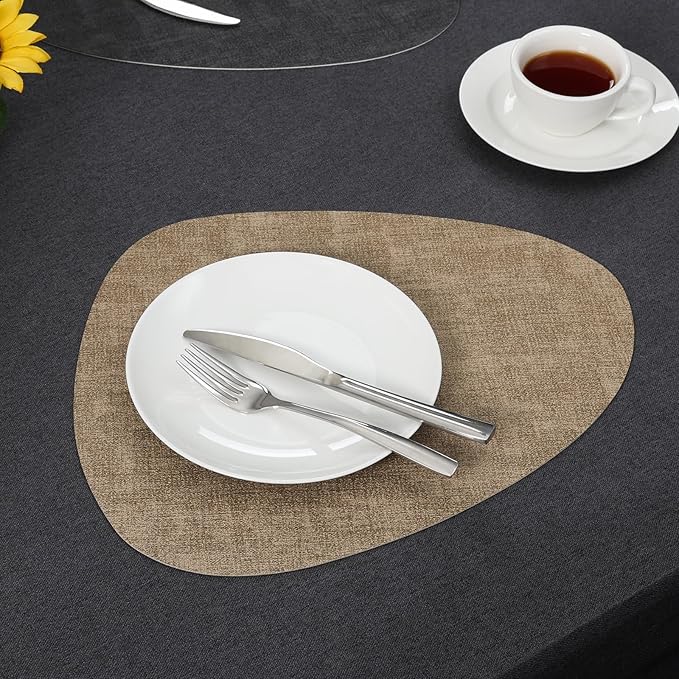 Placemats and Coasters, Washable Reversible Placemats Round Faux Leather Wipeable Place Mats Non Slip Heat Resistant Indoor Outdoor Table Mats (Set of 6, Gray Beige)