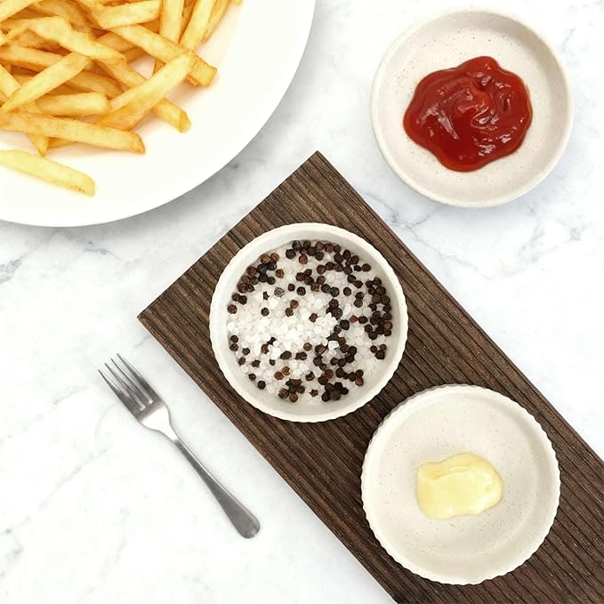 Ceramic Dipping Bowls Set of 6, 4oz Sauce Dishes, 3.74 Inch Diameter, Oxford White with Vertical Texture, Stackable & Dishwasher Safe (White)