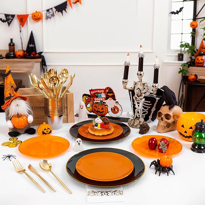 MirthMood 210PCS black and orange Plastic Plates,Black Disposable Plates –Plastic Plates Set Includes 30 Dinner,30 Dessert Plate,30 Cup&30 Napkins, 30 Gold Silverware for Wedding& Thanksgiving