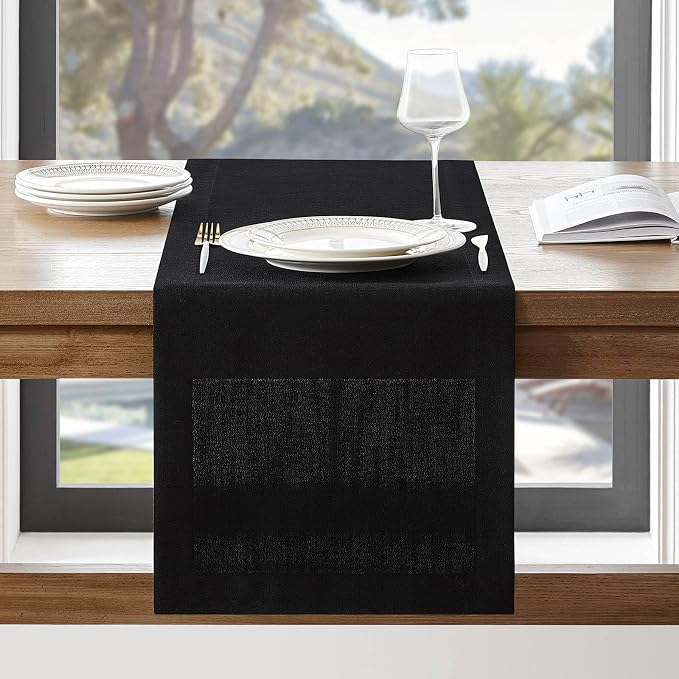 Linen Textured Border Table Runner, 14 x 48 Inch Black | Mitered Corner Design by ZEEMARTONLINE