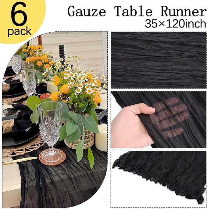 6 Pack Black Cheesecloth Table Runner 35 x 120 Inch | Boho Gauze Fabric - Image 4