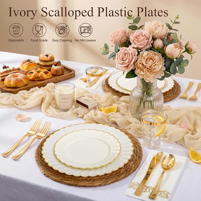 YOUBET 175PCS Ivory Scalloped Plastic Plates - Image 7