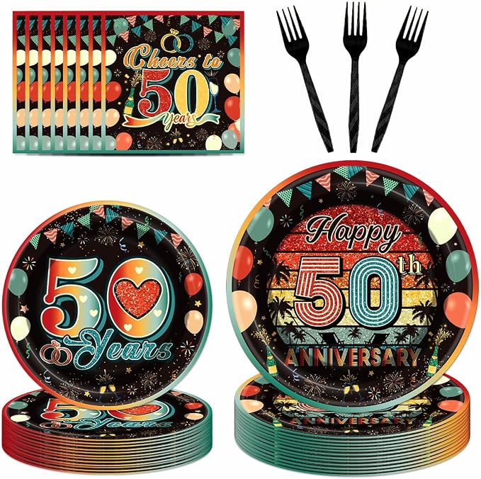 EUOYUFO 96Pcs Vintage 50th Anniversary Paper Plates Napkins Forks 50th Wedding by EUOYUFO