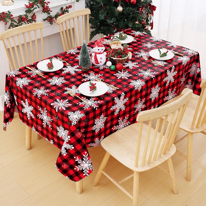 Smiry Christmas Rectangle Table Cloth, Waterproof Vinyl Tablecloth with Flannel Backing, Wipeable Bufflo Checked Snowflake Plastic Tablecloths for Christmas Table Decorations, (60"x102", Black & Red)