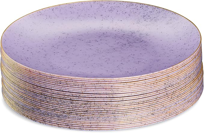 PLASTICPRO 30 Pack Disposable Plastic Plates Heavyweight Granite Look Elegant 10 inch Dinner Plates Purple with Gold Rim