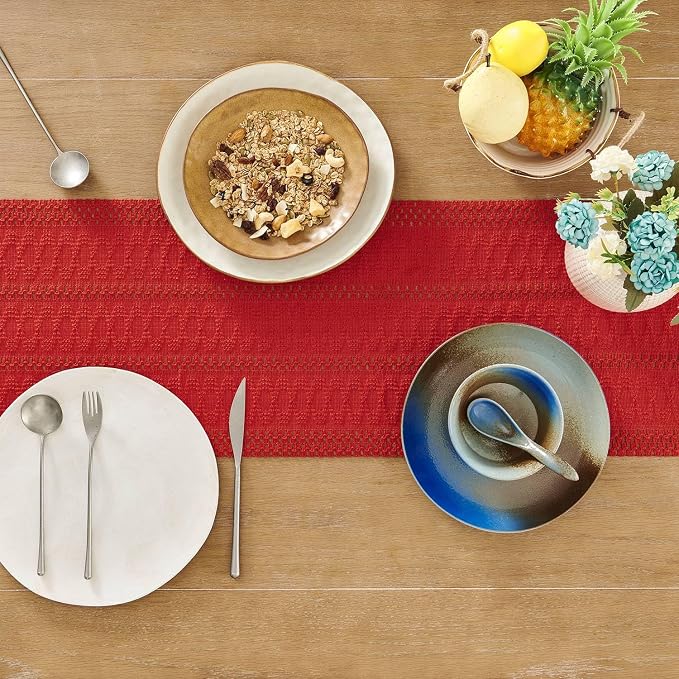 Macrame Style Boho Table Runner, 12x108 Inch Red | Woven Boho Table Runner - Image 4