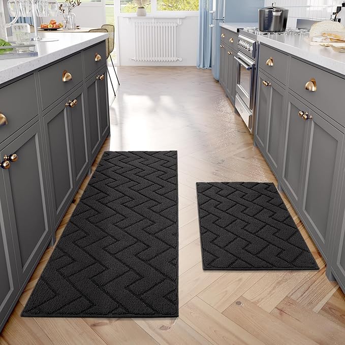 hicorfe Kitchen Rugs and Mats Sets,2 Pieces Super Absorbent Polypropylene Non-Slip Rug,Soft Comfort Floor Mat,Machine Wash for Kitchen,Hallway,Office,Sink,Laundry(20" x 32"+20" x 59",Charcoal)