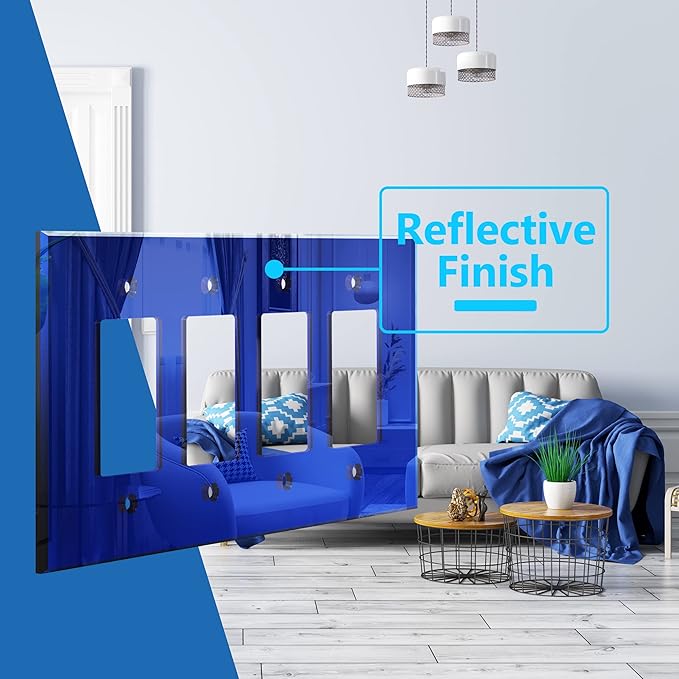 LIDER Reflective Acrylic Decorator Wall Plate, Mirrored Light Switch Plate, Plexiglass Outlet Cover, Acrylic Glass, Oversized 4-Gang 5.25" x 8.88", LWP-34O-ABL5P, Blue, 5 Pack