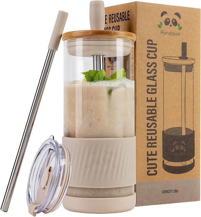 Pandaloo® Glass Cups With Lids and Straws -20 Fl Oz- Perfect Size Iced Coffee by Pandaloo