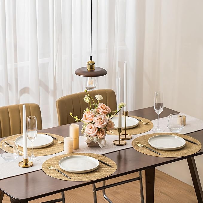Jovono 15" Faux Leather Big Round Placemats Set of 8 - Washable Heat Resistant Non-Slip Dining Table Mats with Fabric Texture for Kitchen Home Party Decor, Yellow