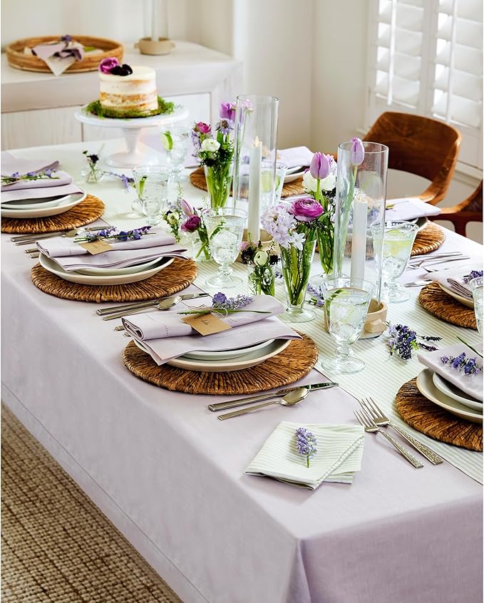 Solino Home Lilac Linen Tablecloth 60 x 120 Inch - 100% Pure Linen Hemstitch Table Cloth for Rectangle Tables - Classic Hemstitch, Machine Washable Tablecloth for Valentines, Spring, Easter