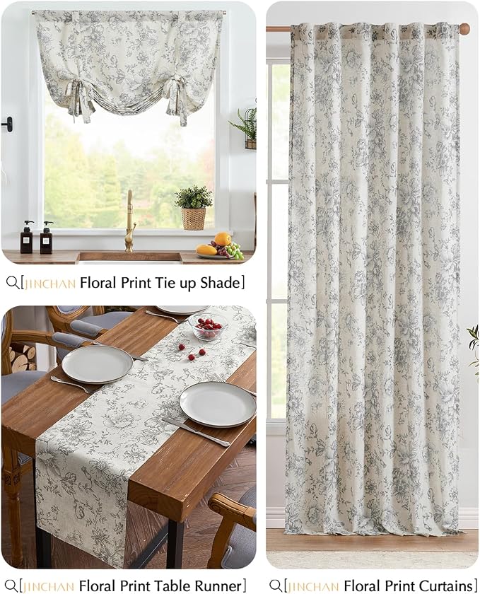 jinchan Grey Floral Linen Table Runner 13 x 90 Inch Farmhouse | Neutral - Image 8