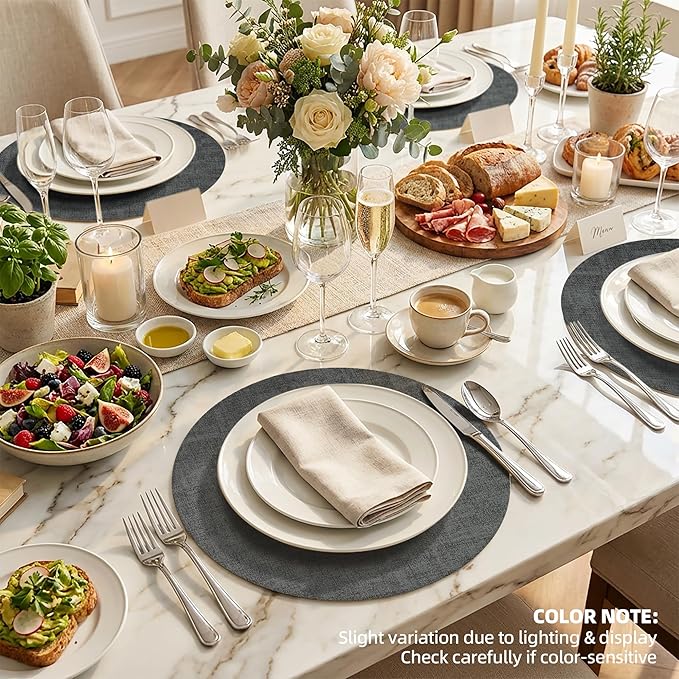 15 inch Faux Leather Round Placemats Set of 6 Non-Slip Washable Wipeable Table Mats, Heat Resistant Waterproof Oilproof Black Place Mats for Kitchen, Dining, Party, Indoor, Outdoor