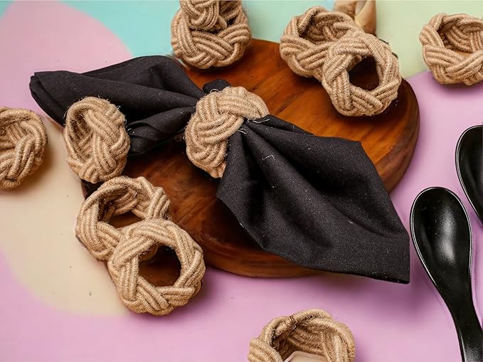 CLEENTABLE Farmhouse Napkin Rings Set of 12 - Nautical Woven Round Coastal Jute & Cotton Tabletop Decor for Weddings, Parties, Everyday Dining, Gifting - Easy to Clean (Brown)