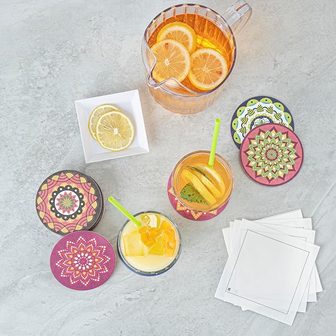 Restaurantware Paper Bar Coasters 480 Count 3.5 Inch Super Absorbent Beverage Coasters Pulpboard Assorted Design Drinkware Coasters Durable Paper Round Assorted