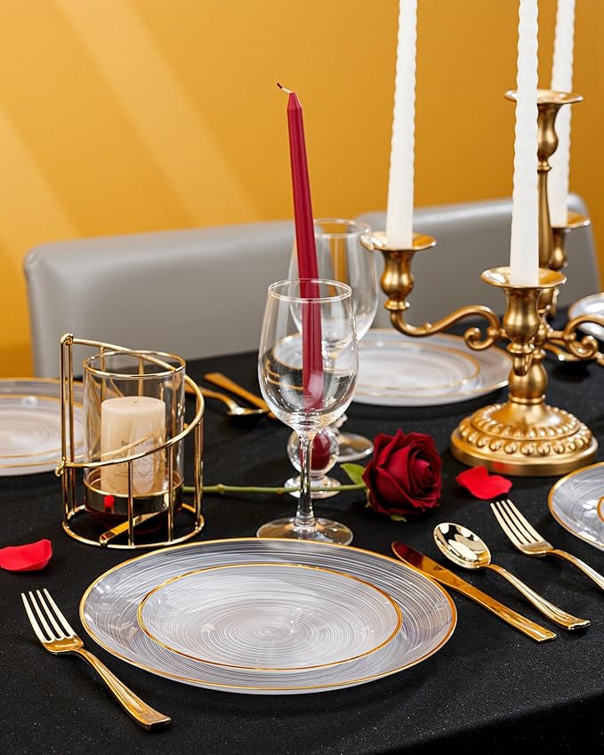 Morejoy 100Pcs Clear Plastic Plates,Clear Disposable Plates With Gold Rim,Heavy-duty Gold Plate, Modern swirl design Plate Include 50Clear Dessert-Platos,50Dinner-Platos for Party&Christmas
