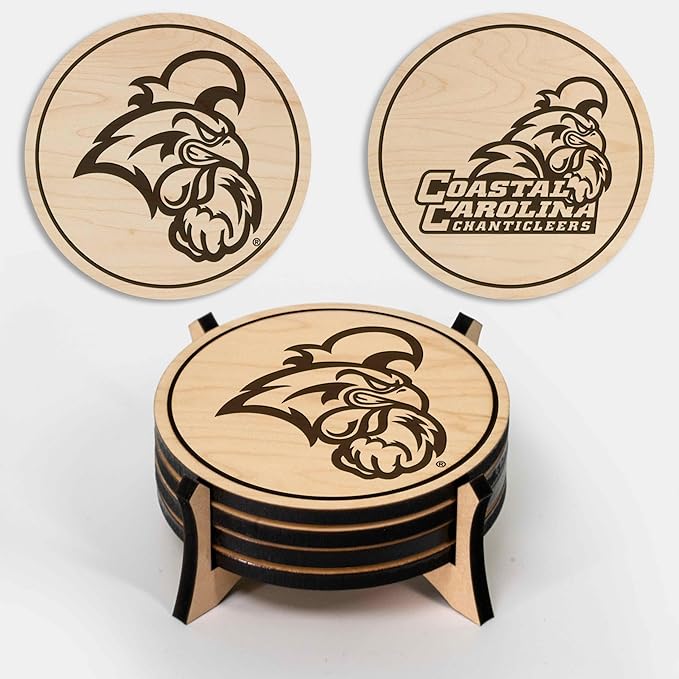 LazerEdge Coastal Carolina Chanticleers Wooden Coaster Set - Maple Wood - Officially Licensed Product - 4-Pack