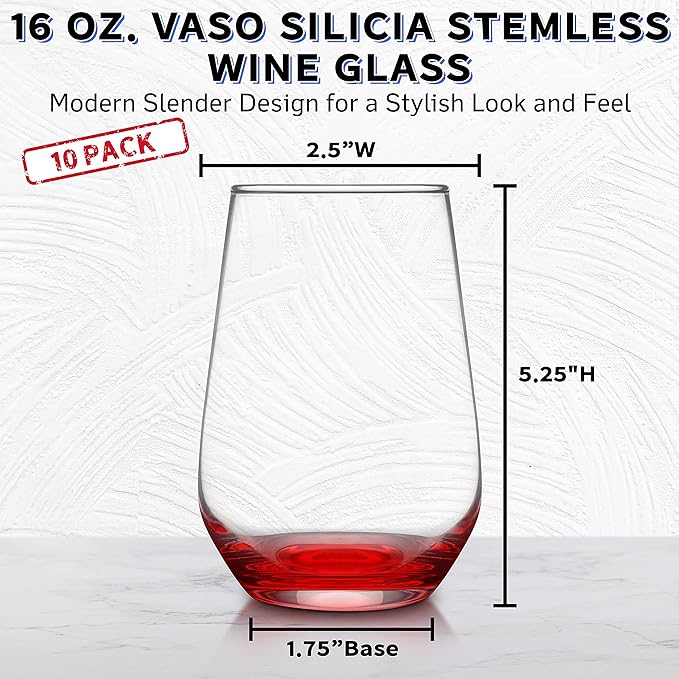 DISCOUNT PROMOS 10 Vaso Silicia Stemless Wine Glasses Set, 16 oz. - Clear, Orb-Like, Thick base - Red