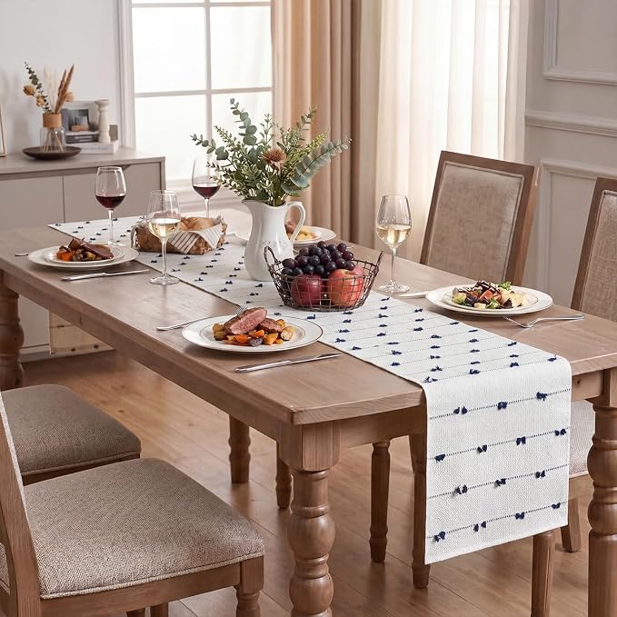 Artoid Mode Dark Blue Boho Farmhouse Cotton Woven Table Runner, Seasonal Summer - Image 5
