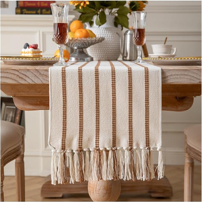 Caflife Boho Table Runner 60 Inchs Long Brown and Beige, Cotton and Linen Woven by Caflife