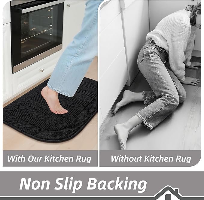BEQHAUSE 30x18 Inch Kitchen Rug Mat Durable Kitchen Rugs Non-Slip Washable Absorbent Kitchen Mats for Floor Dirt-Resistant Semicircular Kitchen Mat (Black)