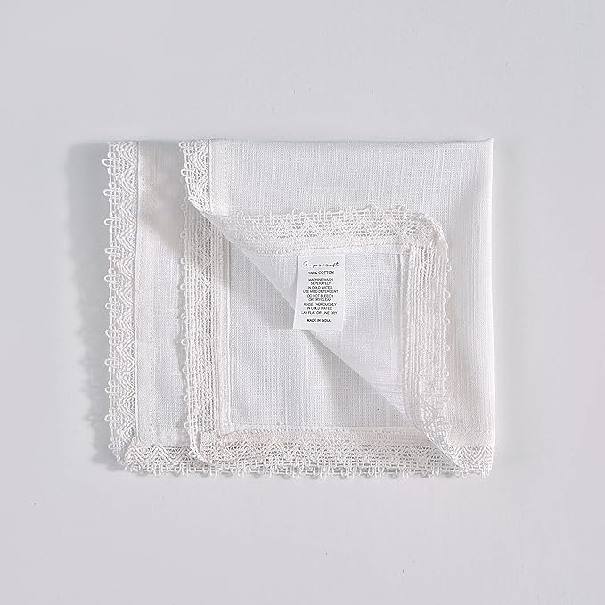 FINGERCRAFT Dinner Cloth Napkins in 100% Cotton, 12 Pieces Small Table Napkin Cloth,12 inches, Mitered Corners for Every Day Use Christmas Napkins Cloth Good Absorbency Lace White