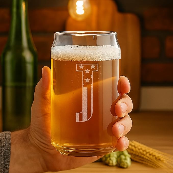 Monogram Beer Glasses for Men (A-Z) 16 oz - Engraved Beer Gifts for Men Brother Son Dad Neighbor - Unique Christmas Gifts for Him - Personalized Drinking Gift Beer Glass Mugs (J)