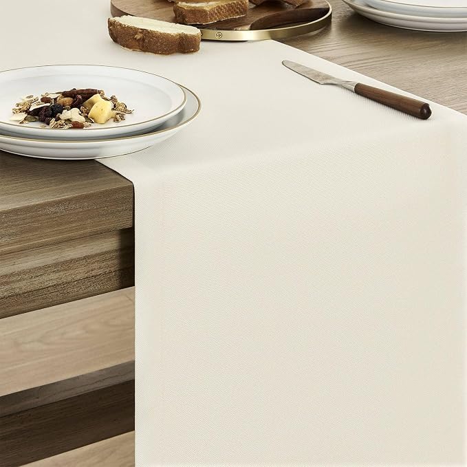 Basic Linen Style Table Runner, 14x60 Inch Ivory | Mitered Corner Design - Image 4