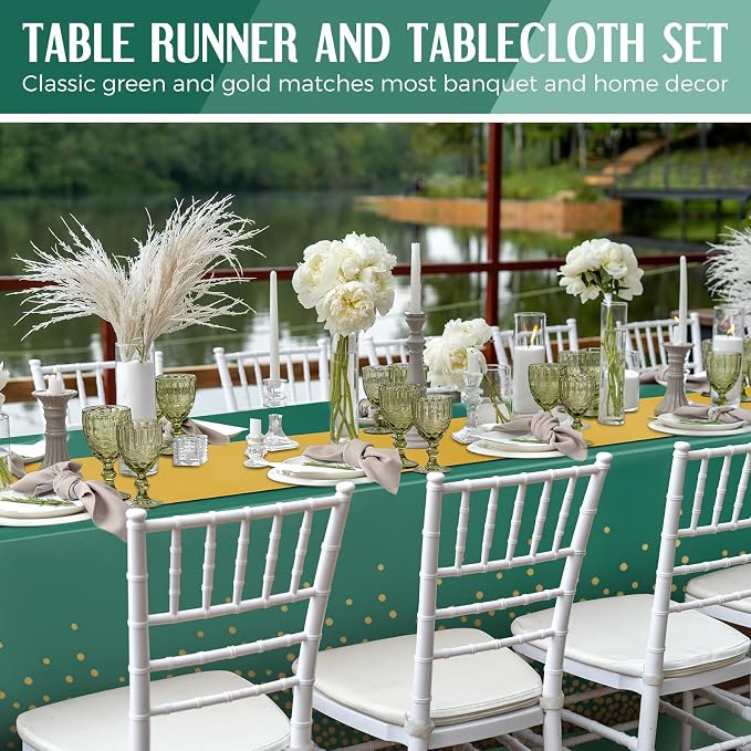 8 Pack Green and Gold Disposable Plastic Tablecloths and Satin Table Runner Set - Image 5