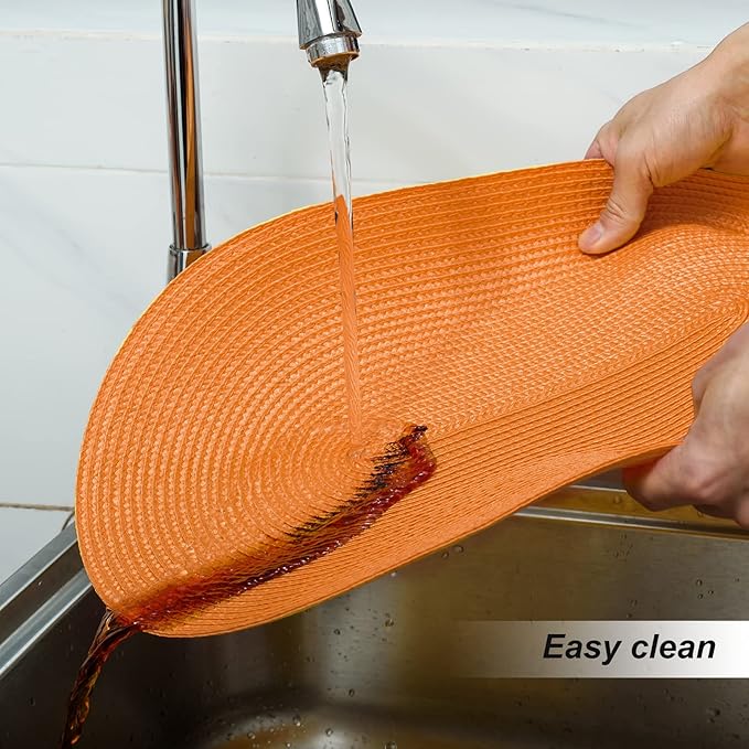 FunWheat Oval Braided Placemats Set of 6 Table Mats for Dining Tables Woven Washable Non-Slip Shining Place mats12x18 Inch Table mats for Indoor Outdoor Use(Oval Orange, 6pcs)