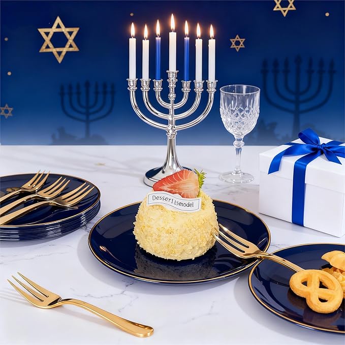 Festiva 400Pcs Navy Blue Gold Dessert Plates 6.3" with Forks 5"- 200PCS Small Disposable Dessert/Cake/Appetizer Plates and 200PCS Forks - Serve 200 Guests for Hanukkah Party&Birthday &New Year