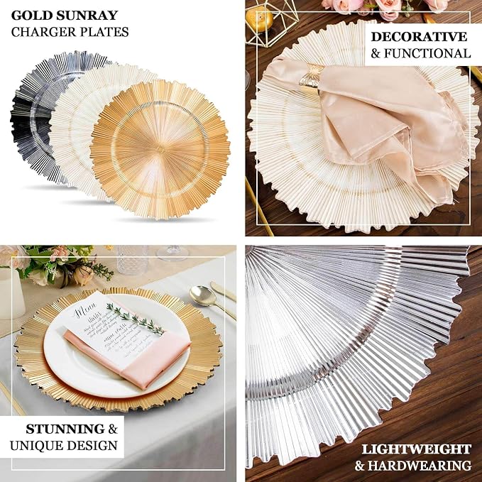 Efavormart 6 Pack | 13" Metallic Gold Sunray Acrylic Plastic Serving Plates - Image 4