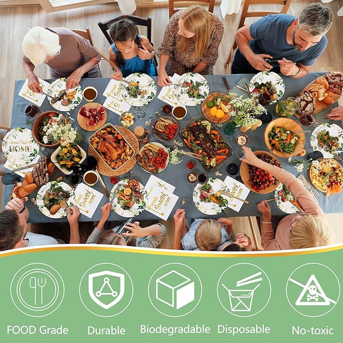 Zubebe 120 Pcs Housewarming Party Tableware Home Sweet Home Plates and Napkins Disposable Sets Rustic Leaves Floral House Warming for New House Wedding Party Supplies Serve 24 Guests(Classic Style)