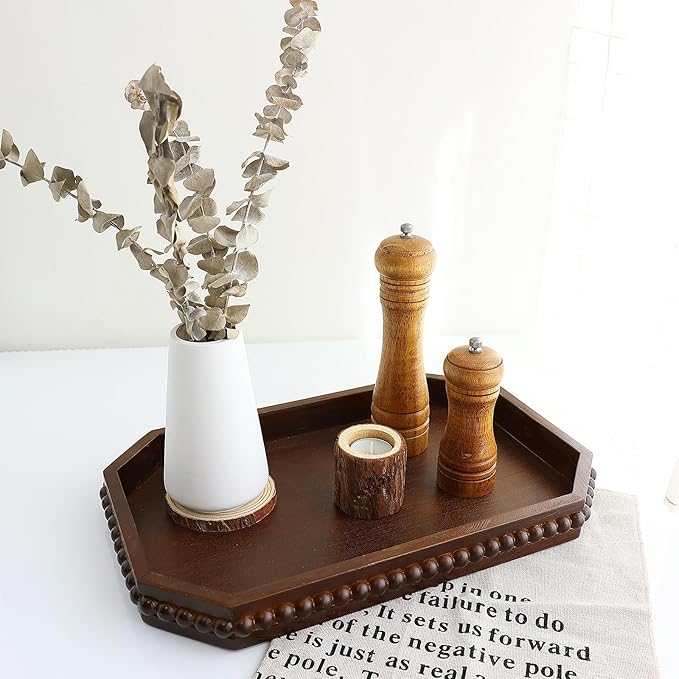 Retro Brown Wood Serving Tray with Beads, Farmhouse Decorative Tray for Table Centerpiece, Christmas Wedding Halloween Home Decor