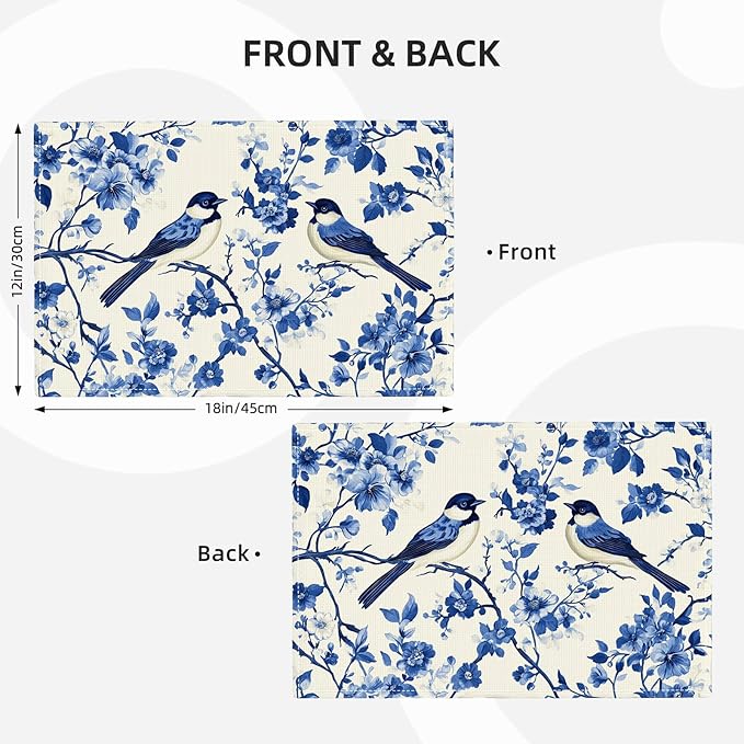 Flower Bird Placemats Set of 6, Blue Birds Place Mats,Blue and White Floral Waterproof Washable Table Mats for Home Party Indoor Kitchen Dining Table Decoration 12x18 Inch