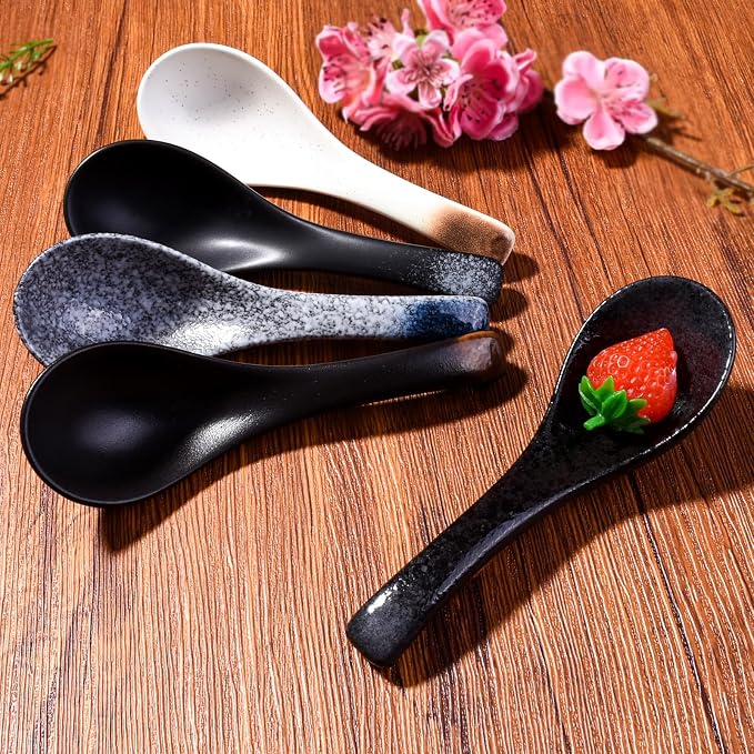 Japanese Ceramic Soup Spoon Set of 5, 5.3" Reactive Glaze Ramen Spoons - Image 4