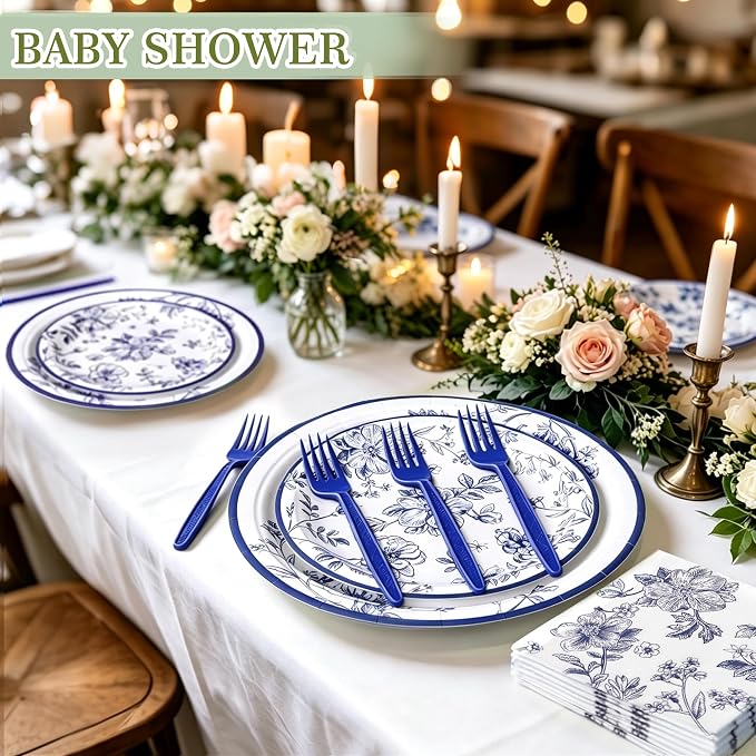 100 Pcs Disposable Blue and White Floral Tableware Set - Image 3