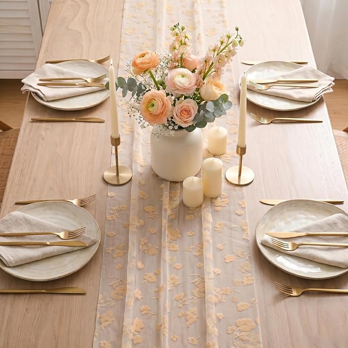 Artoid Mode Pink Gauze Flocking Flowers Table Runner 10FT, Spring Sheer Dining - Image 3