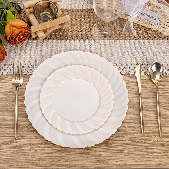 U-QE 60 Pcs Ivory Plastic Plates for Party – Scalloped Plastic Plates Heavy Duty & Elegant – Include 30 10.25" Dinner & 30 7.25" Dessert Plates - Perfect for Party & Wedding