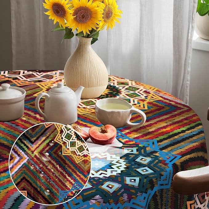 Laeacco 60 Inch Colorful Patchwork Round Tablecloth Woven Flowers Geometric Abstract Art Print Table Cloth Washable Waterproof Wrinkle Free Table Cover for Kitchen Dining Picnic Party Decoration