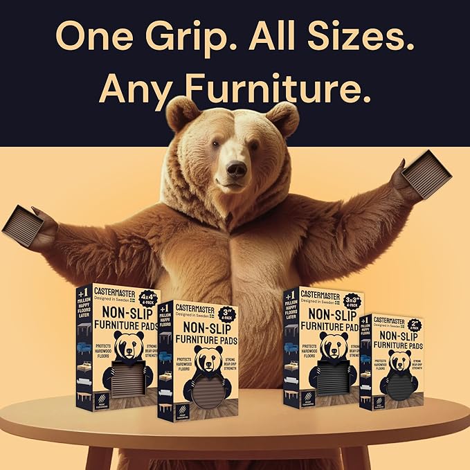 CasterMaster Square Non-Slip Furniture Pads - 3 in x 3 in, Pack of 8, Black - Stoppers to Prevent Sliding - Floor Protectors for Furniture - Noise Reduction & Caster Cups for Vinyl Floors