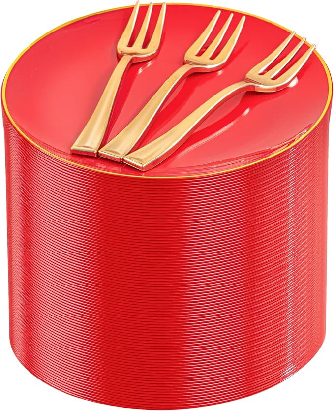 Festiva 200Pcs Red Gold Dessert Plates 6.3" with Plastic Forks 5"-Small Disposable Plates- Dessert/Cake/Appetizer Plastic Plates include 100Plates 100Forks for Birthday Party&Valentine's Day